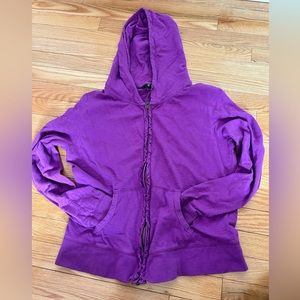 Purple/fuschia zip up hoodie with ruched detail along the zipper!